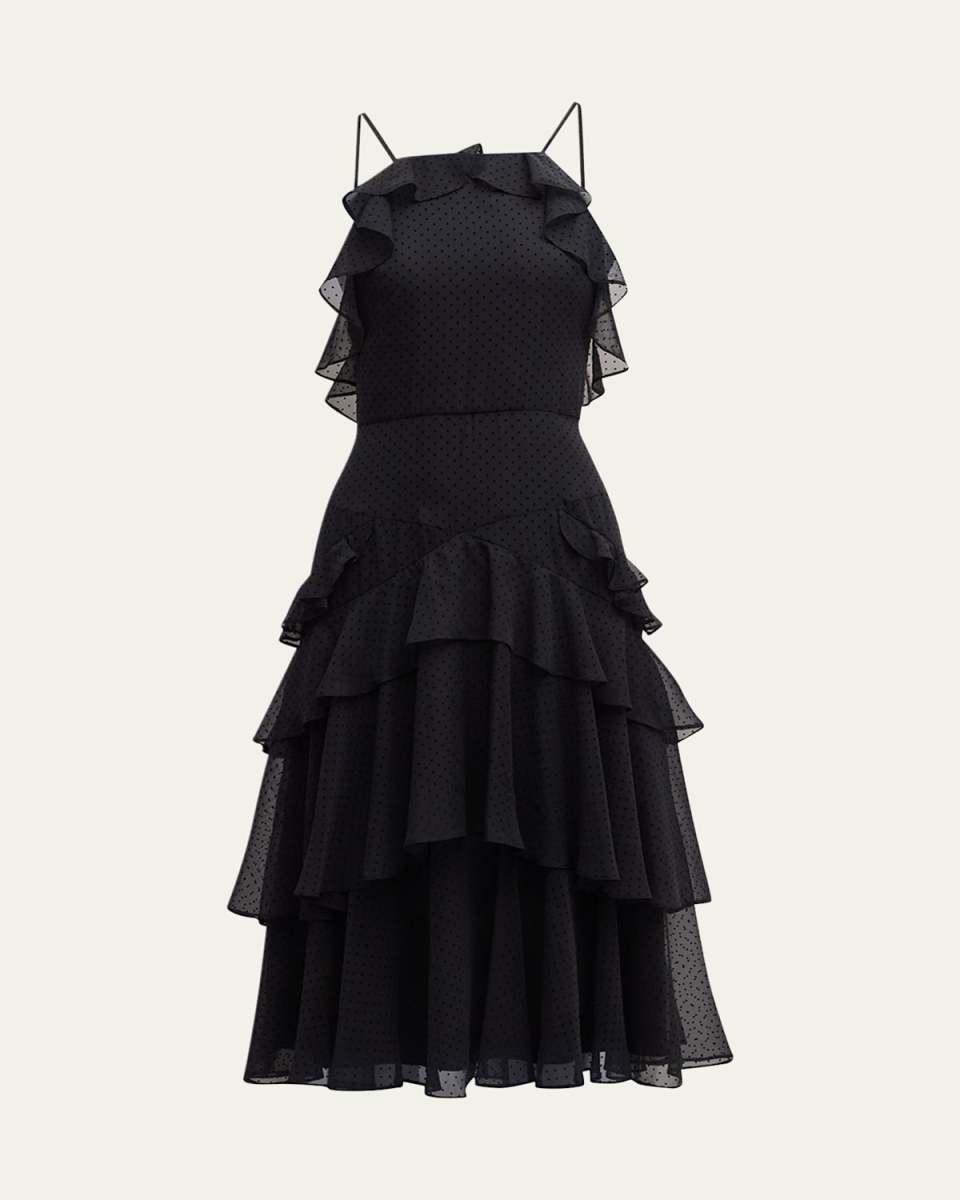 Tiered Polka Dot Chiffon Ruffle Midi Dress