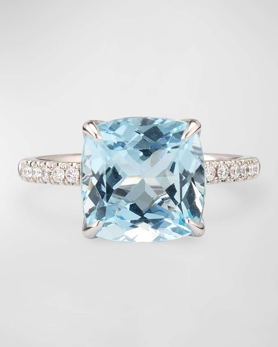 Rocks 18K White Gold Ring with Aquamarine and Diamonds, Size 6