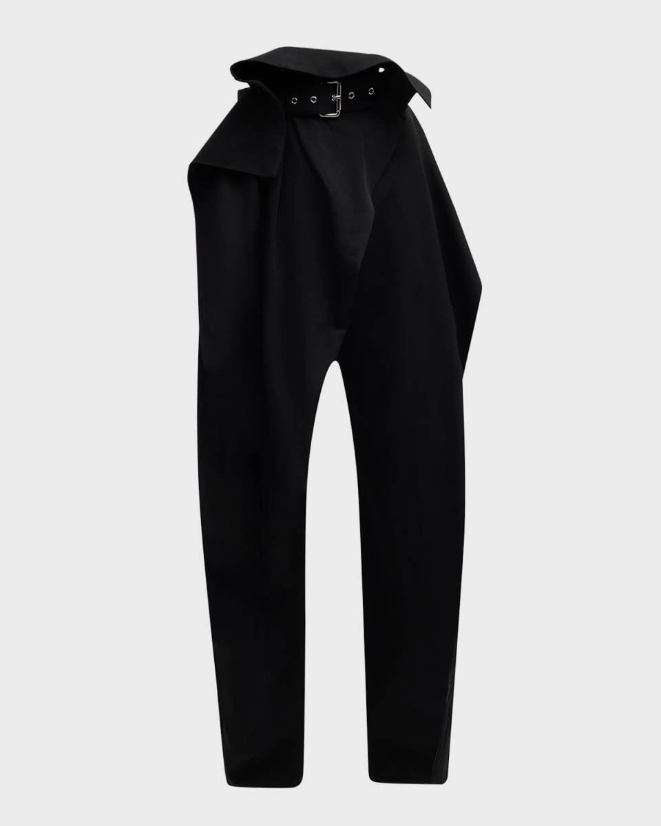 Wool Gabardine Fold Over Belted Trousers