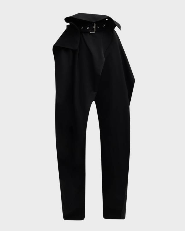 Wool Gabardine Fold Over Belted Trousers