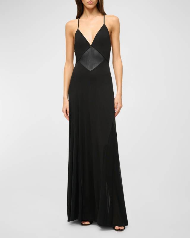 Fleur Mesh Panel Low-Cut V-Neck Maxi Dress
