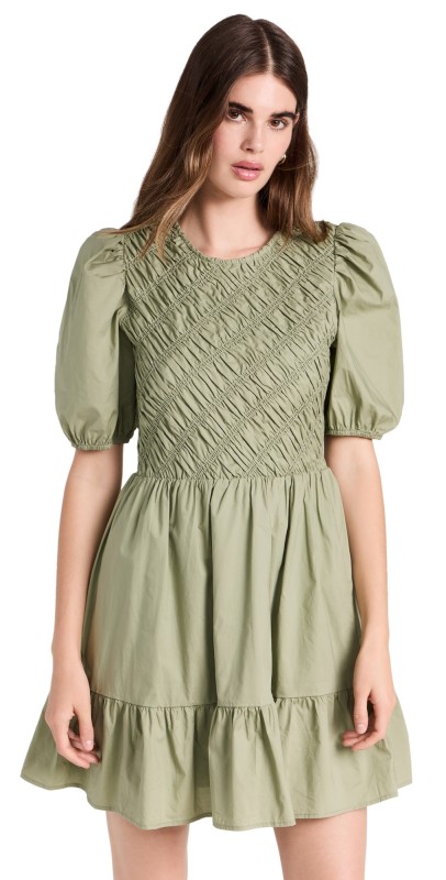 English Factory Asymmetrical Smocked Mini Dress Sage