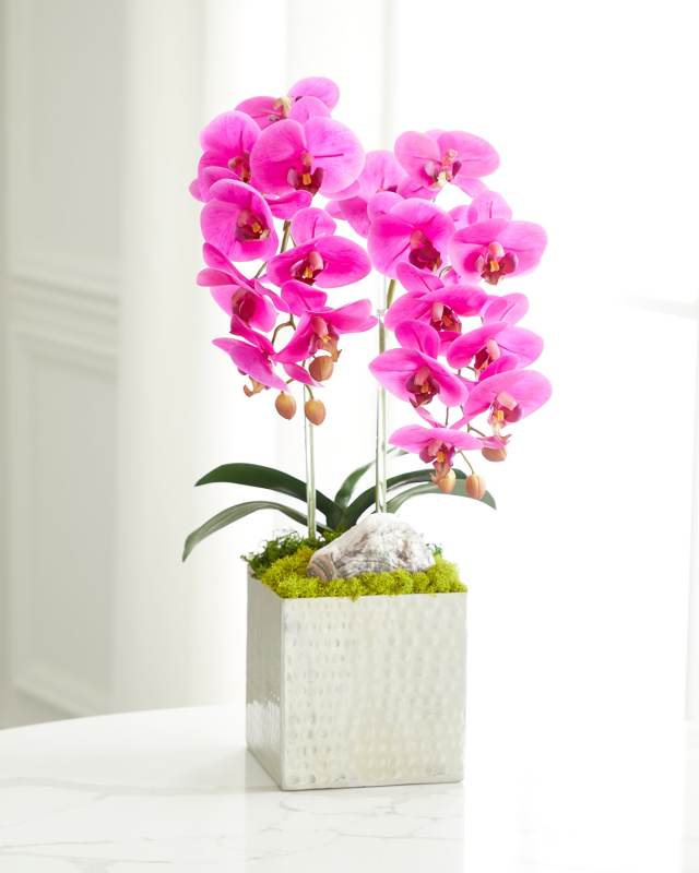 Double Orchid Faux Florals in Silver Hammered Metal Container with Zebra Stone - 22"