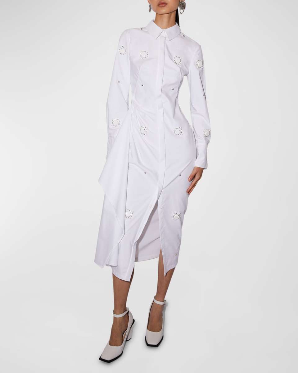 Tatiana Crystal Embellished Long-Sleeve Drape Midi Shirtdress