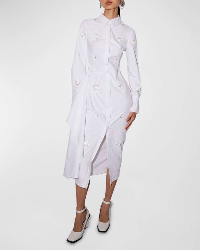 Tatiana Crystal Embellished Long-Sleeve Drape Midi Shirtdress