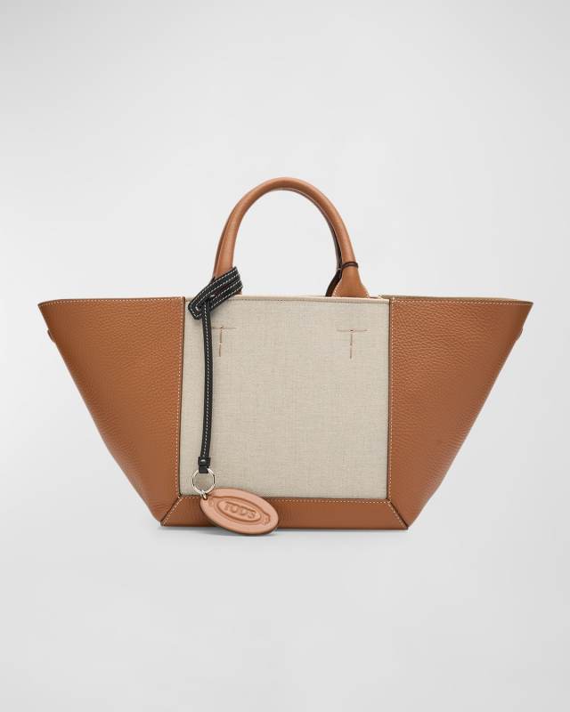 Small Double Up Leather and Canvas Shopping Bag