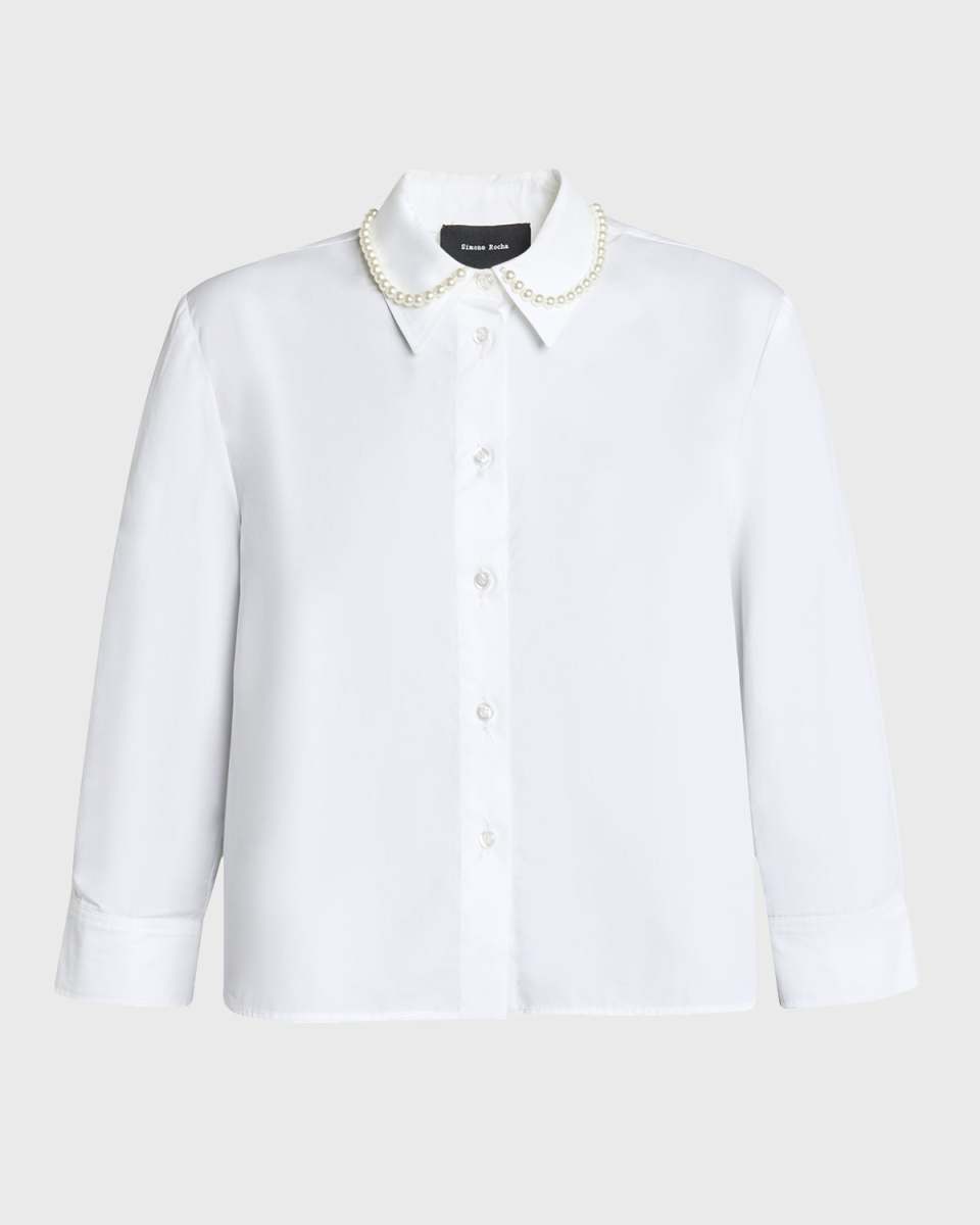Cropped Button-Front Shirt with Pearlescent Embellishment