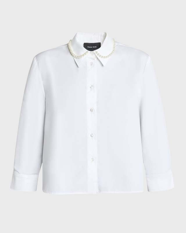 Cropped Button-Front Shirt with Pearlescent Embellishment