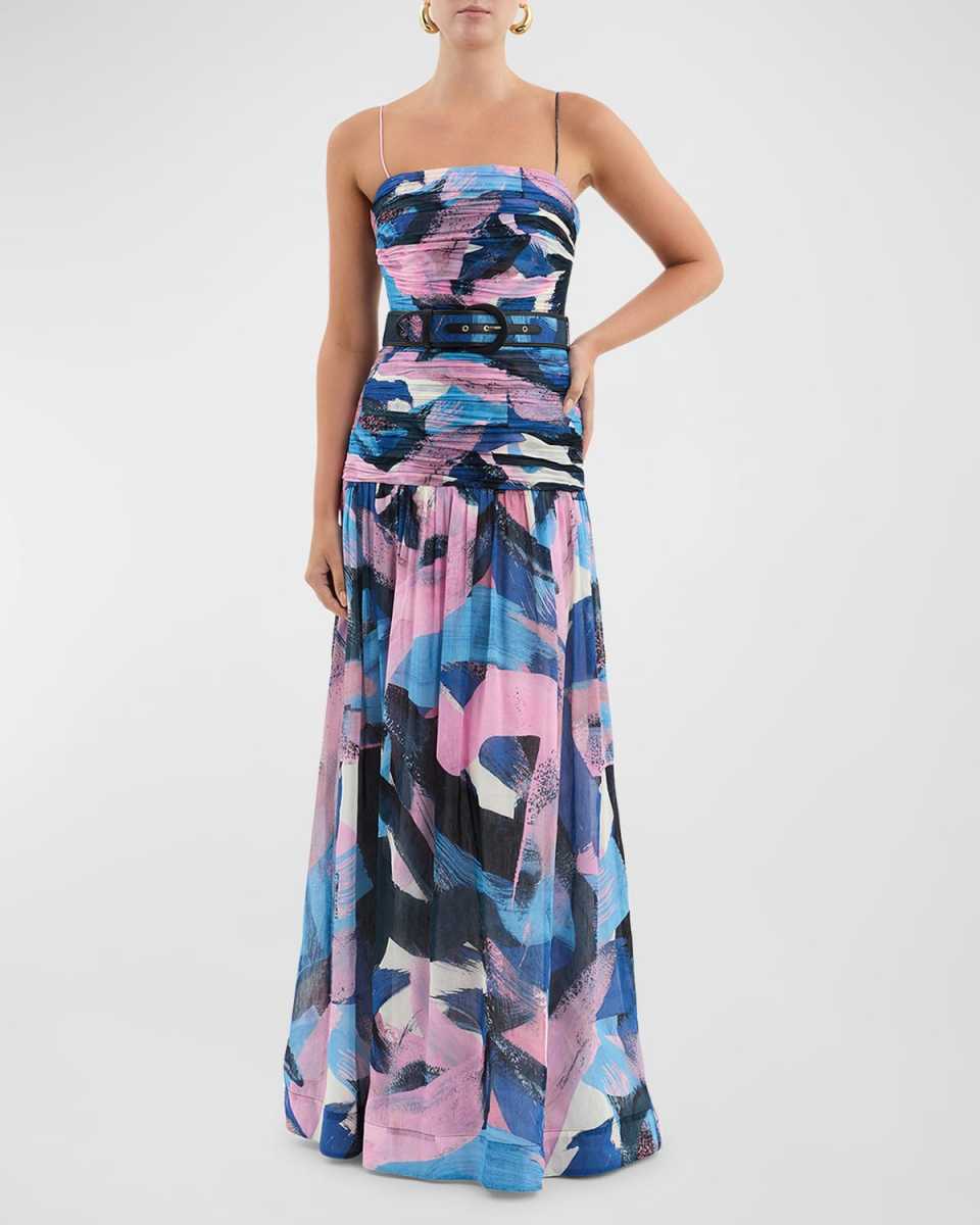 Francois Ruched Brushstroke-Print Gown