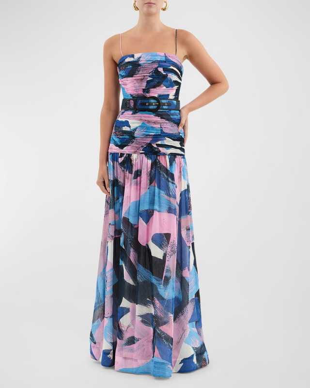 Francois Ruched Brushstroke-Print Gown