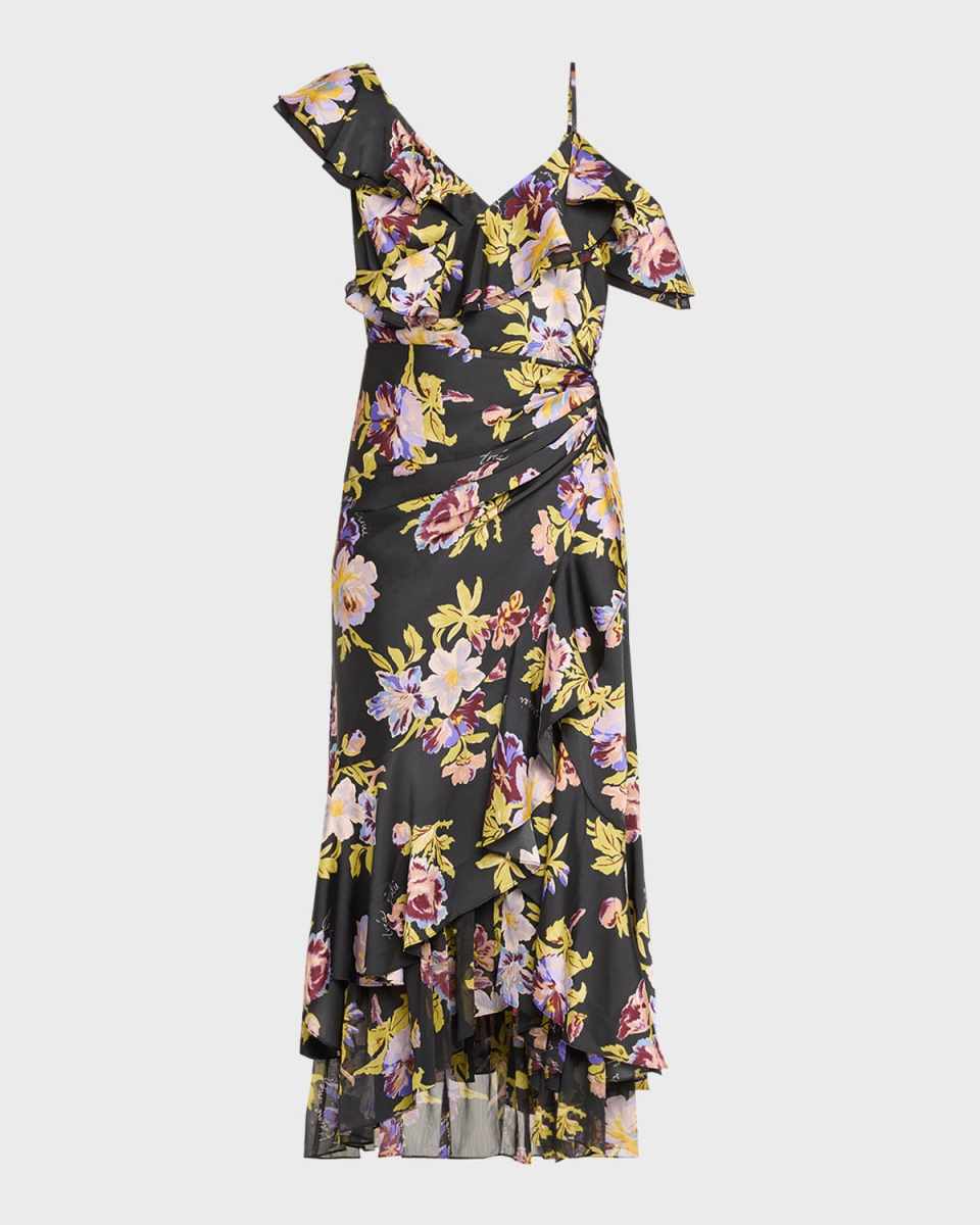 Nara One-Shoulder Ruffled Floral Midi Dress