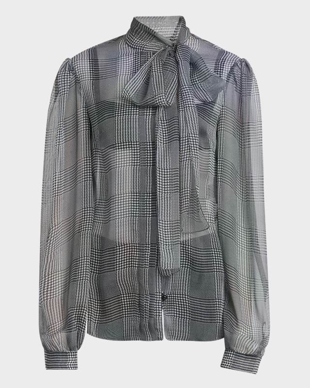 Prince Of Wales Printed Silk Chiffon Blouse with Tie Neck