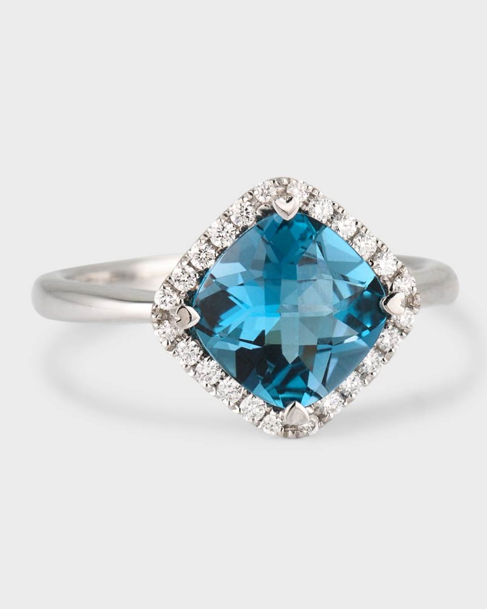 Rocks 18K White Gold Cushion-Cut Blue Topaz Ring with Diamonds, Size 6