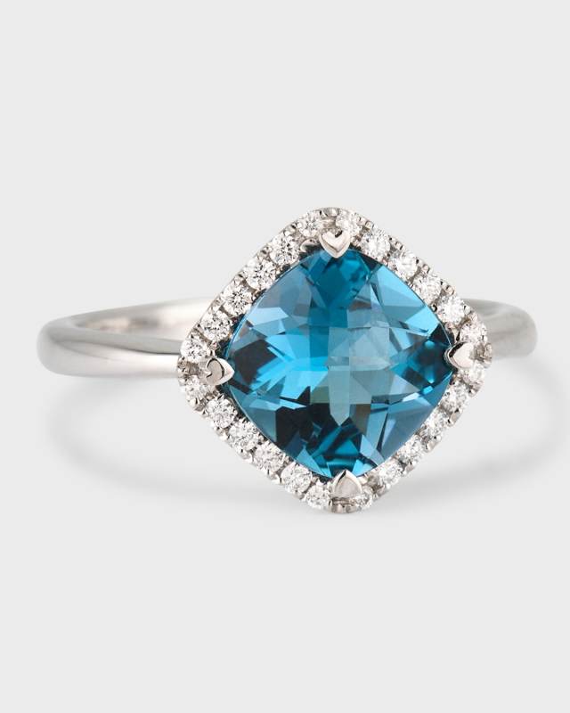 Rocks 18K White Gold Cushion-Cut Blue Topaz Ring with Diamonds, Size 6