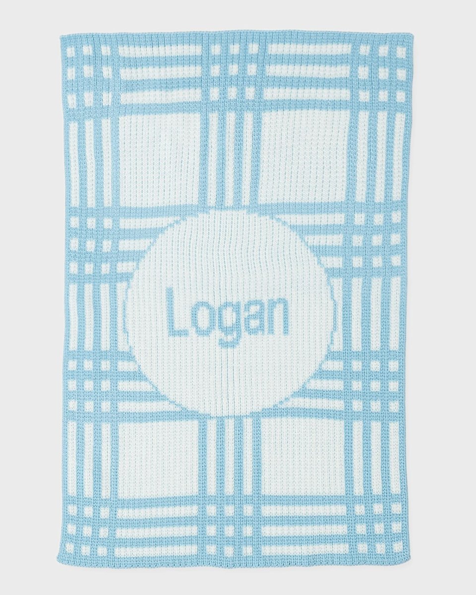 Personalized Plaid Knit Baby Blanket, Light Blue