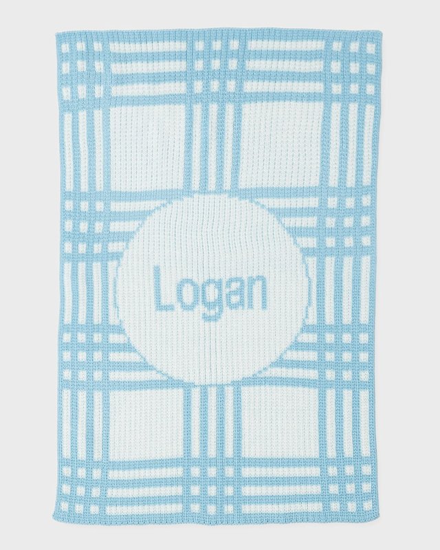 Personalized Plaid Knit Baby Blanket, Light Blue