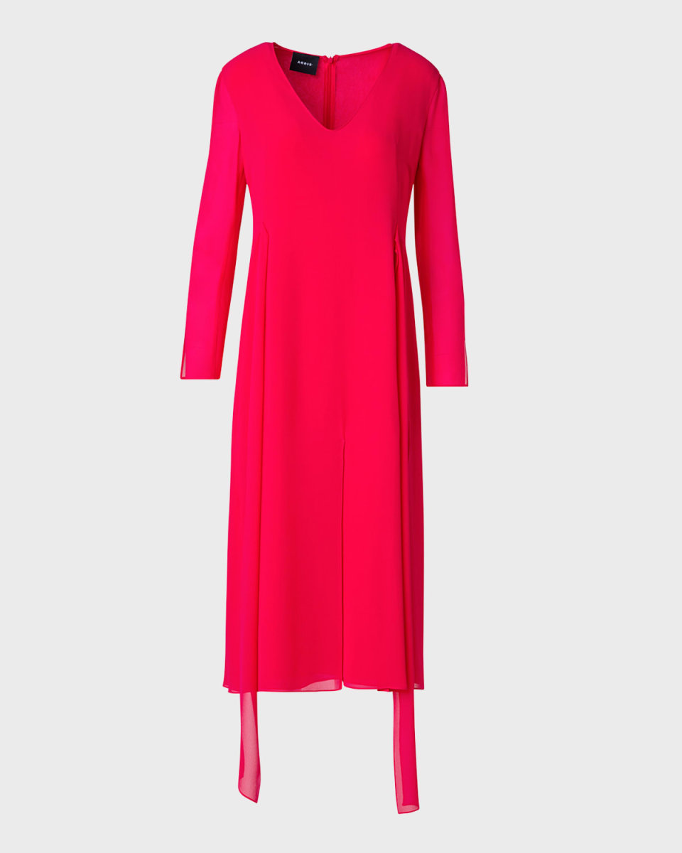 Waist-Tie Long-Sleeve Slit-Hem Chiffon Midi Dress
