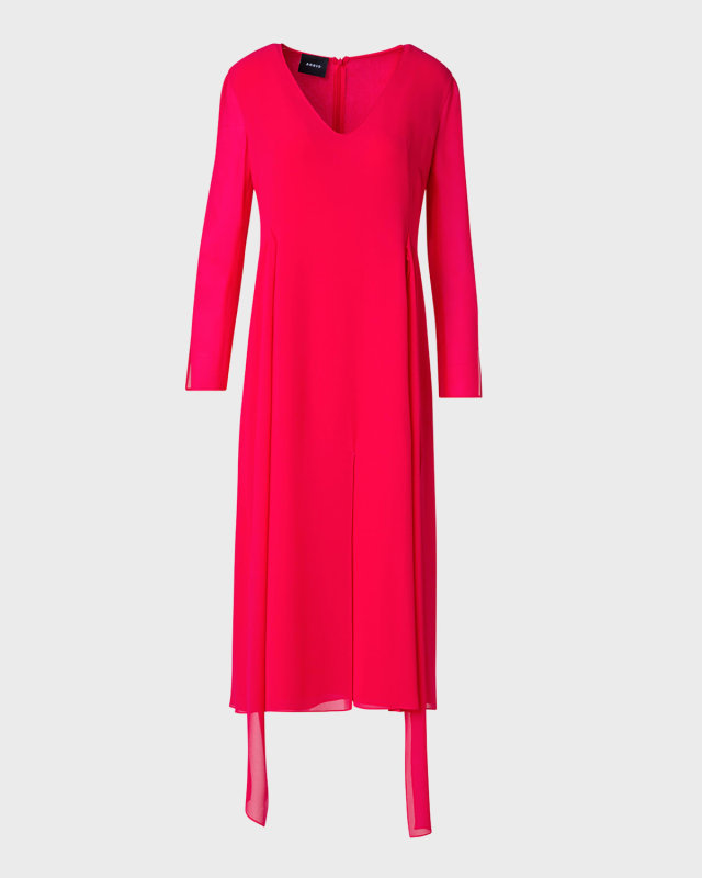 Waist-Tie Long-Sleeve Slit-Hem Chiffon Midi Dress