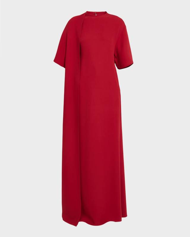 Slit Cape Short-Sleeve Cady Couture Gown