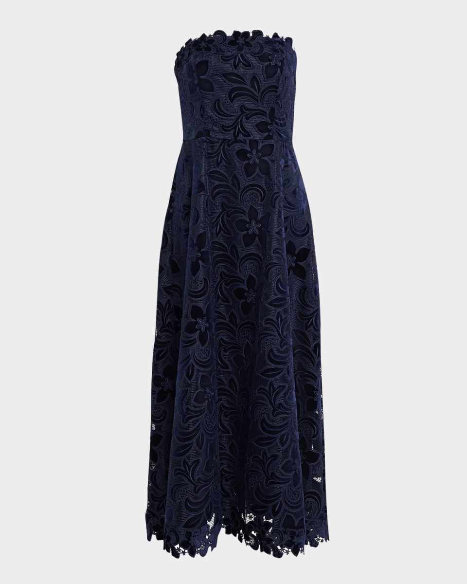 Strapless Floral Velvet Lace Gown