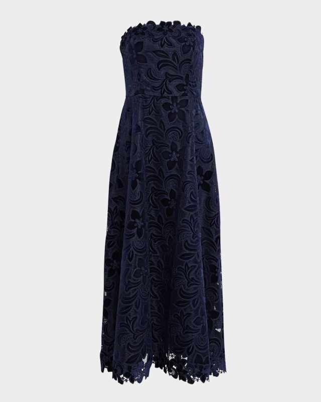 Strapless Floral Velvet Lace Gown