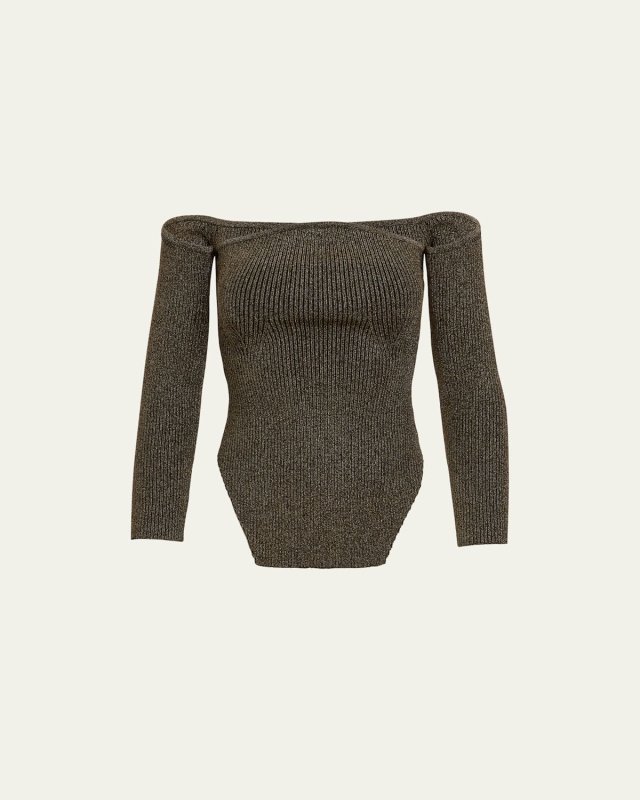 Maria Metallic Off-Shoulder Ribbed Sweater