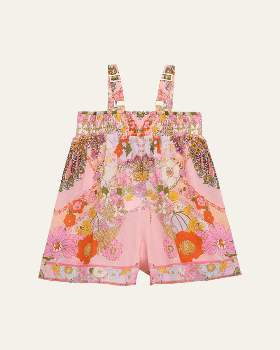 Girl's Crotched Printed Romper, Size 4-10