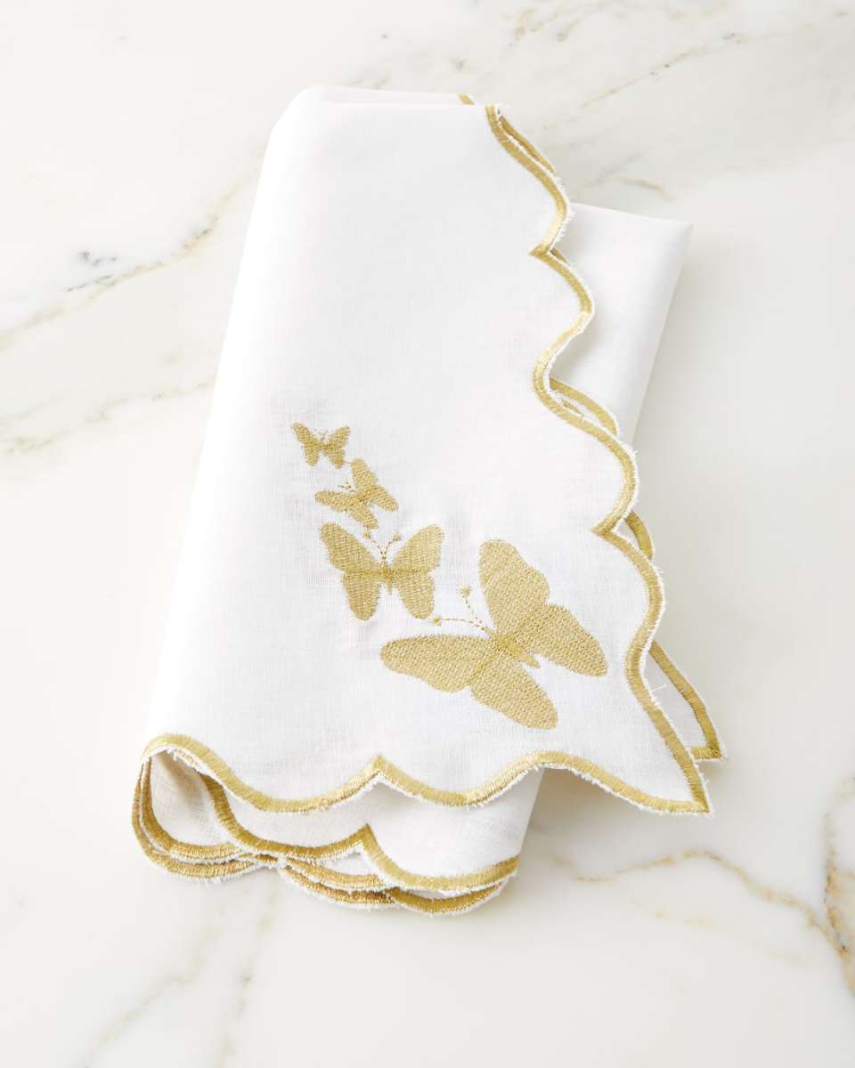 White Linen Butterfly Gold Embroidery Napkin, 24"Sq.