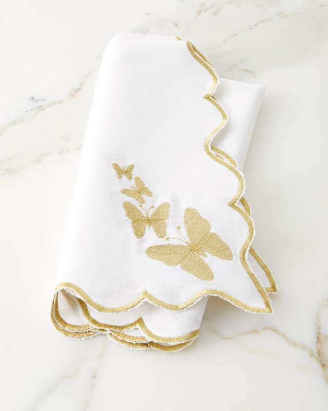 White Linen Butterfly Gold Embroidery Napkin, 24"Sq.