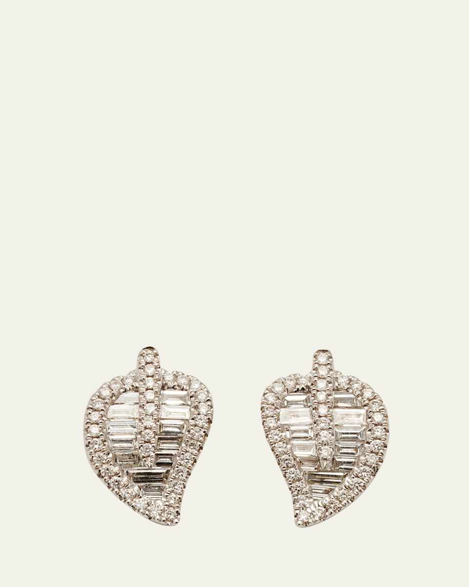 Small Diamond Leaf Stud Earrings in 18k White Gold
