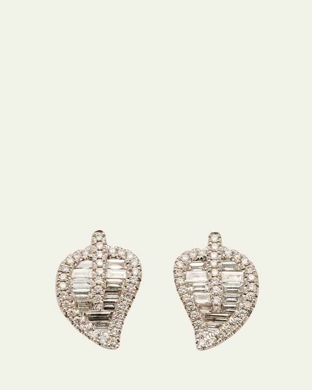 Small Diamond Leaf Stud Earrings in 18k White Gold