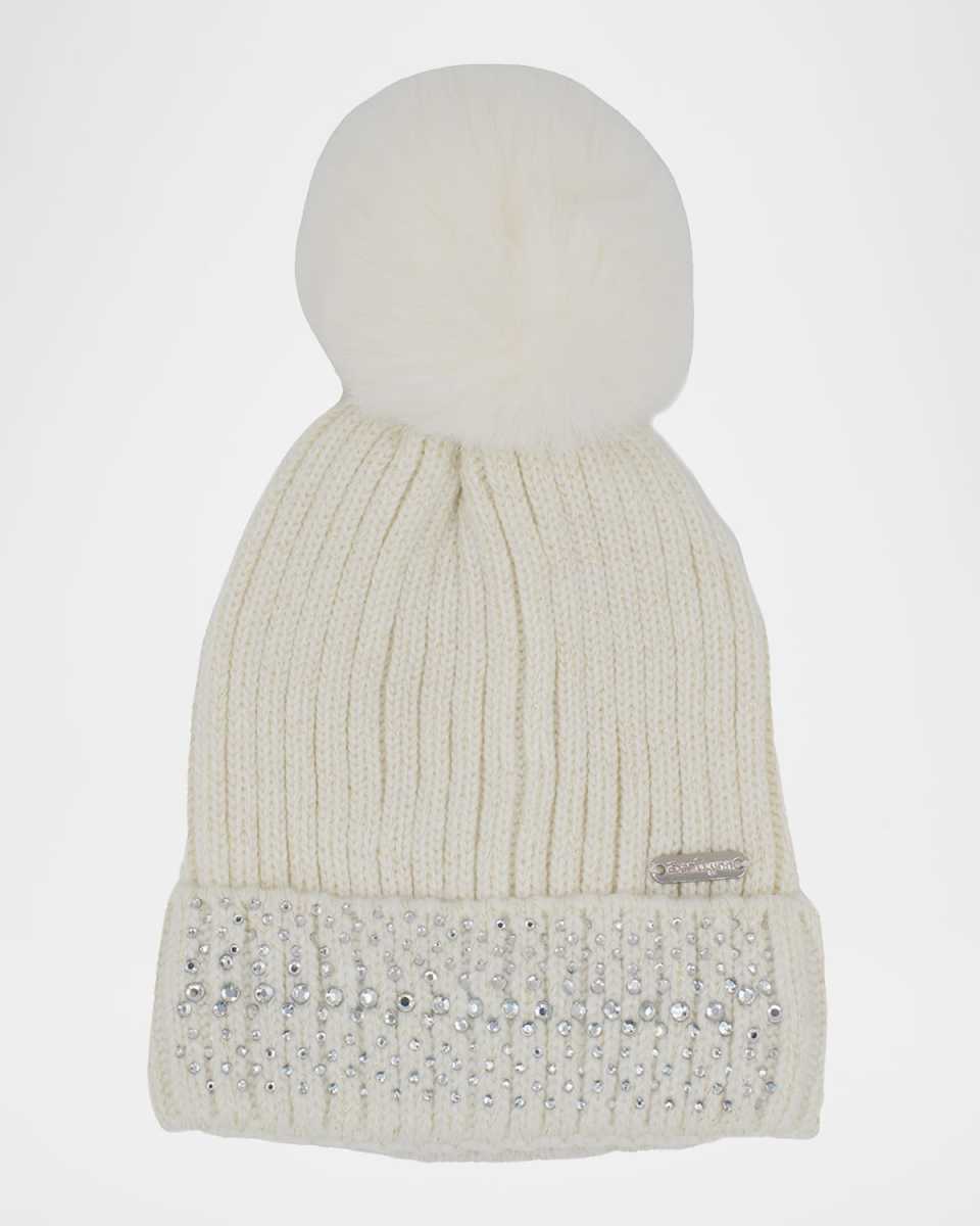 Girl's Crystalized Beanie with Faux Fur Pom Pom