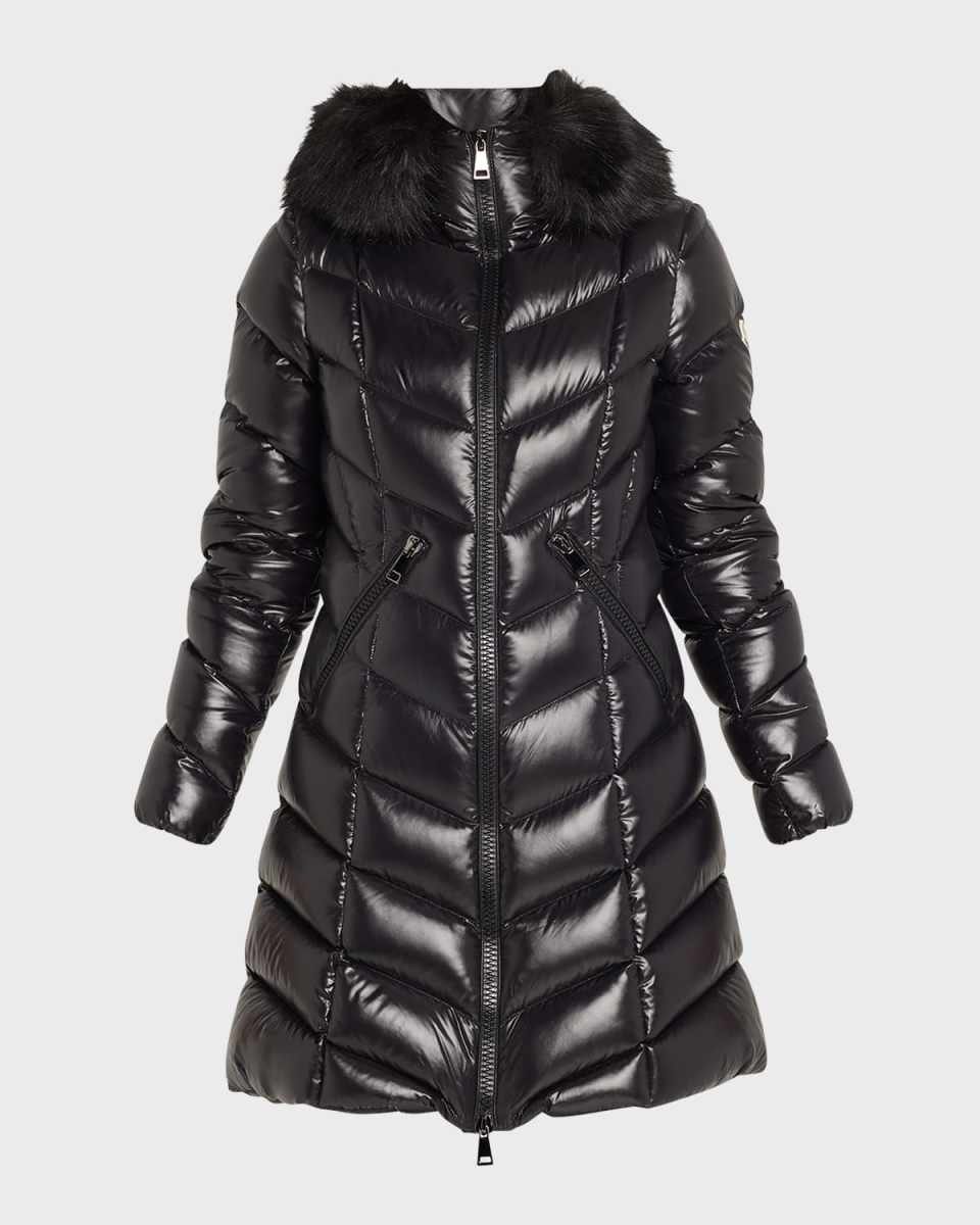 Fulmarus Chevron-Quilted Long Puffer Coat with Faux Fur Trim