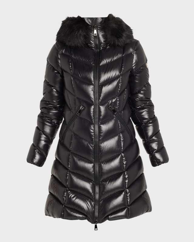 Fulmarus Chevron-Quilted Long Puffer Coat with Faux Fur Trim
