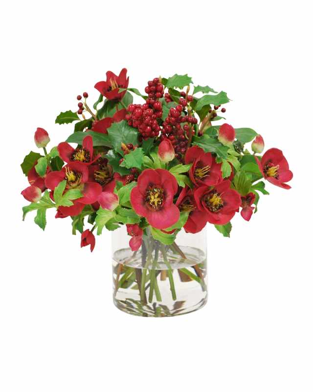 Faux Hellebores Rose Floral Arrangement in Glass Vase