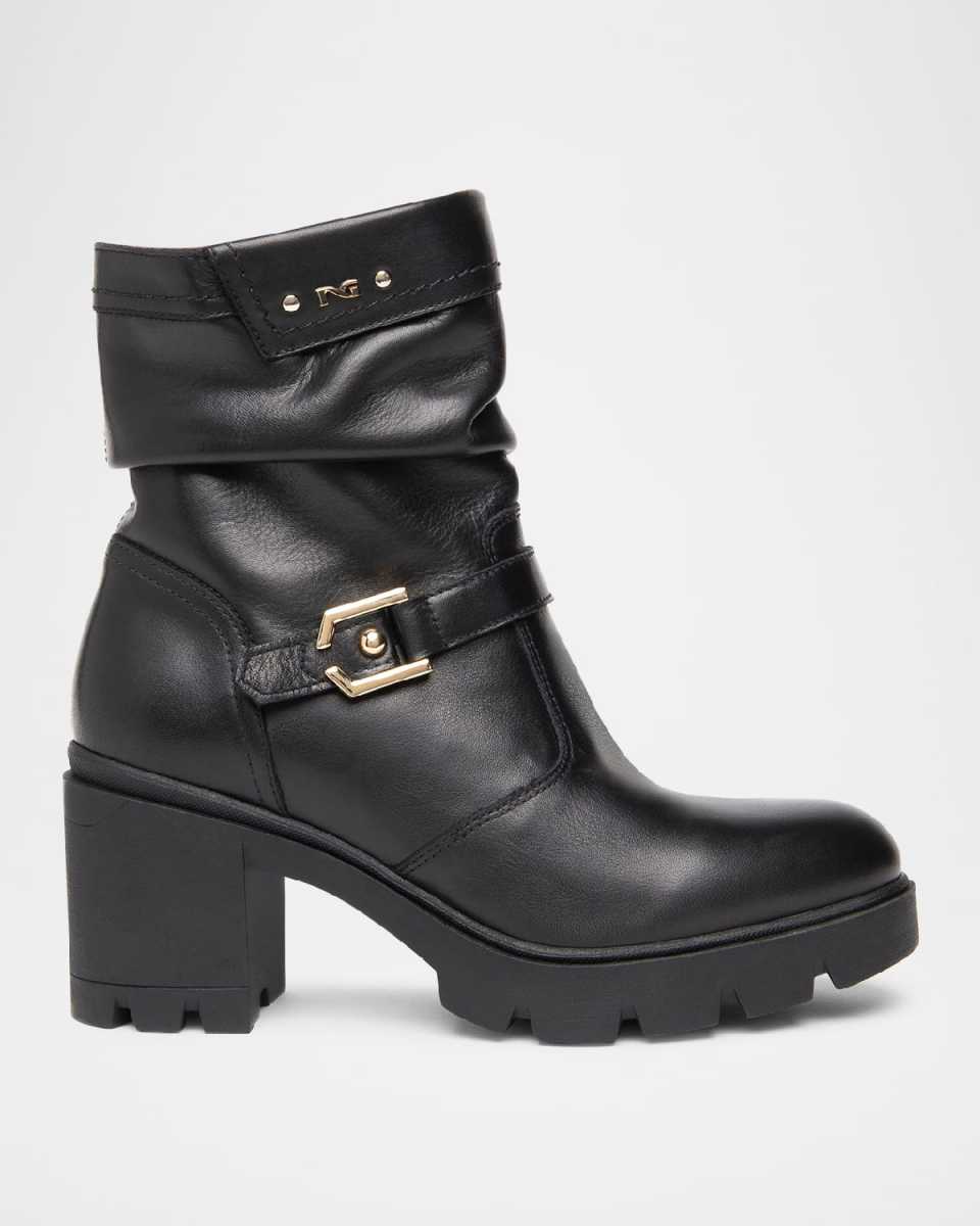 Slouchy Leather Buckle Short Moto Boots