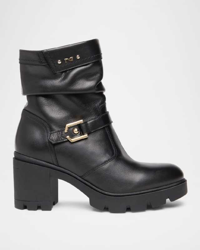 Slouchy Leather Buckle Short Moto Boots