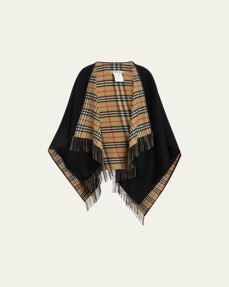 Vintage-Style Check Fringed Wool Cape