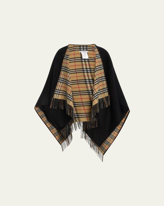 Vintage-Style Check Fringed Wool Cape