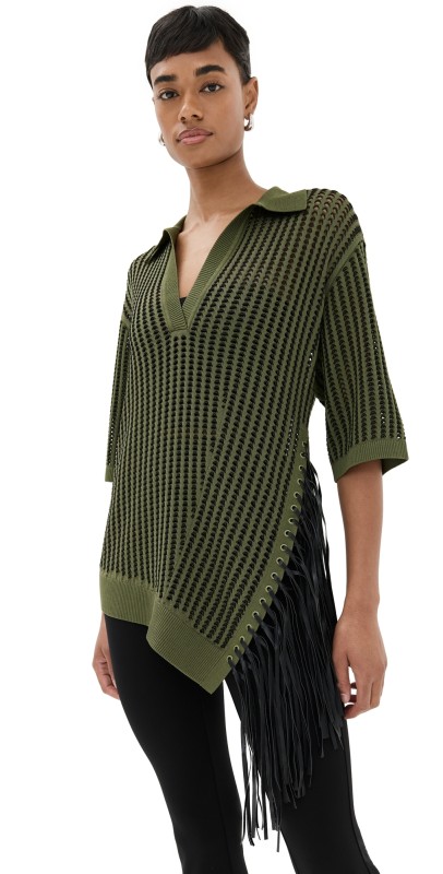 SIMKHAI Melina Polo Top with Fringe Army Green