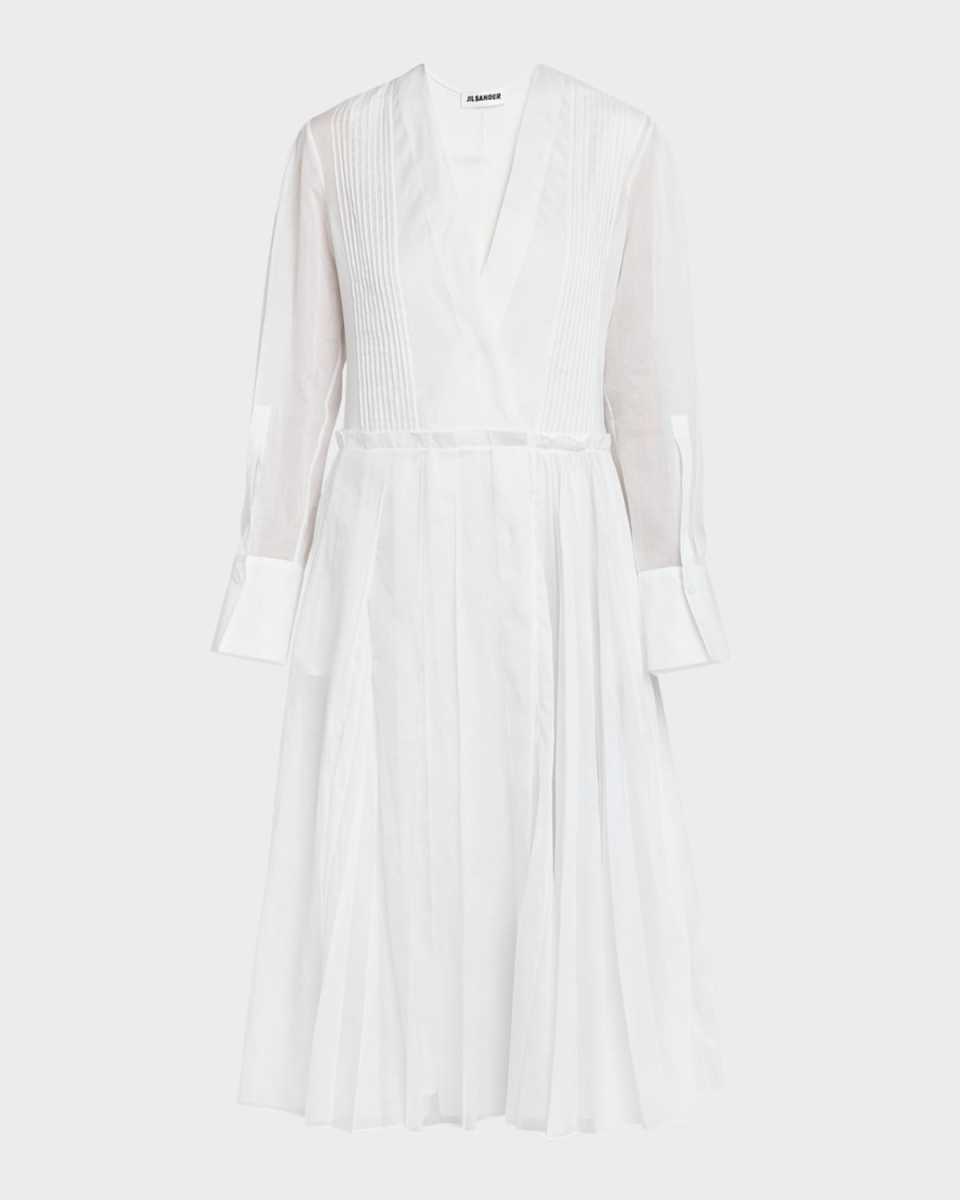 V-Neck Long-Sleeve Pleated Cotton Midi Dress
