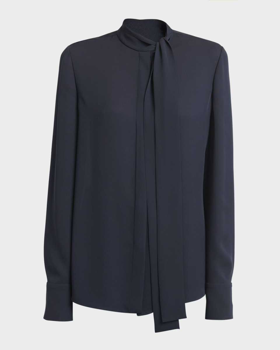 Scarf-Neck Long-Sleeve Silk Blouse