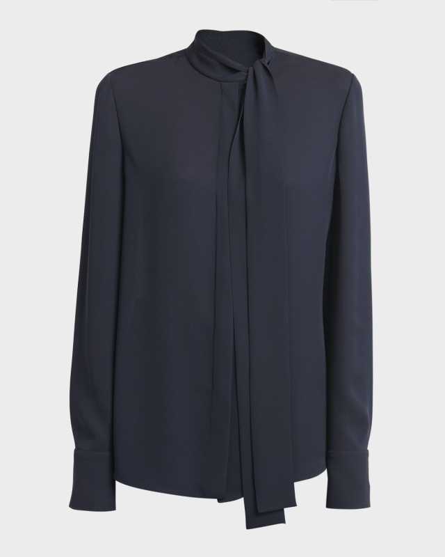 Scarf-Neck Long-Sleeve Silk Blouse