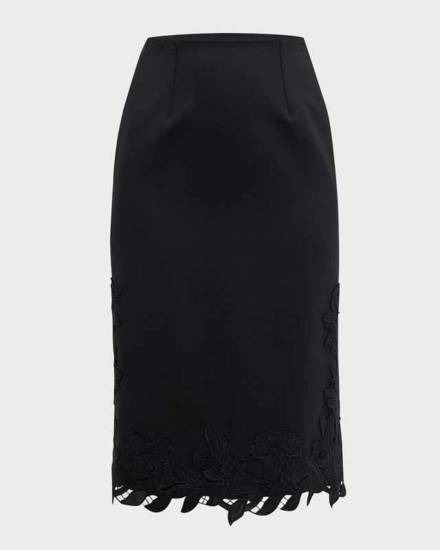 Stretch Wool Pencil Skirt with Marbled Carnation Guipure Detail