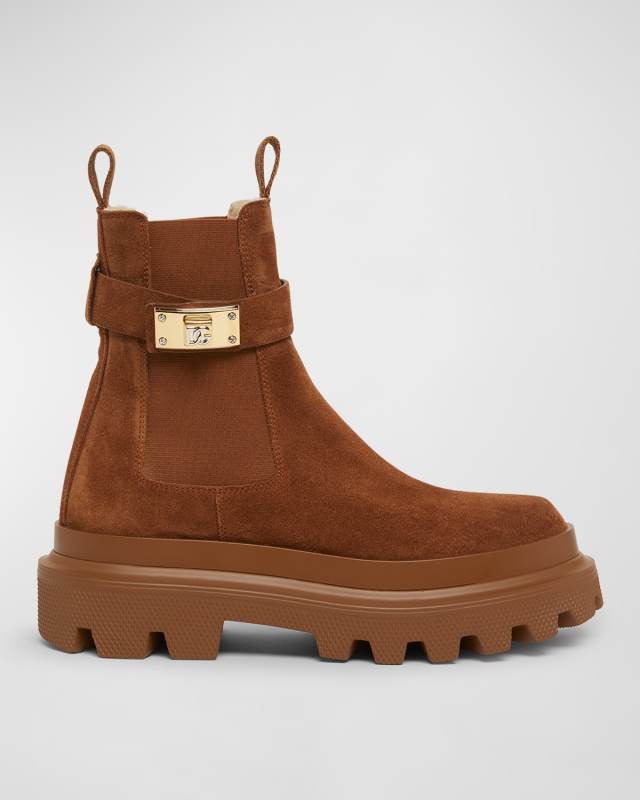 Suede Buckle Faux Fur Chelsea Booties
