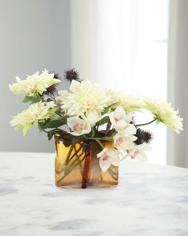 Dahlias and Thistles 16" Faux Floral Arrangement in Glass Vase