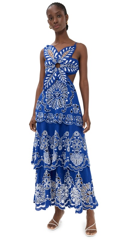 FARM Rio Blue Flower Richelieu Midi Dress Navy Blue