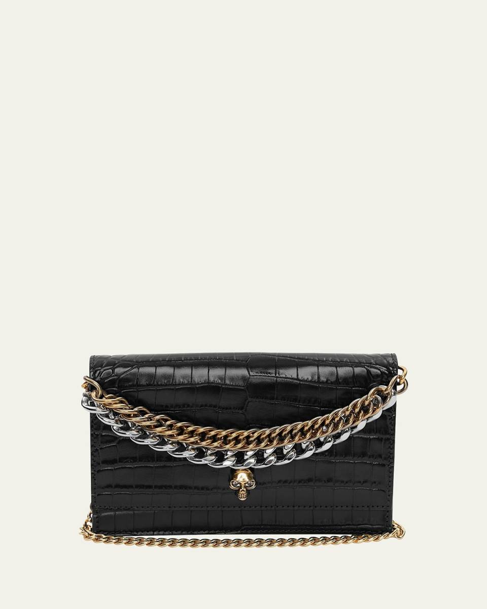 Small Skull Croc-Embossed Shoulder Bag