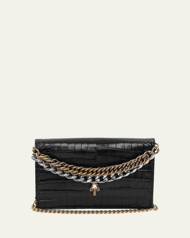 Small Skull Croc-Embossed Shoulder Bag