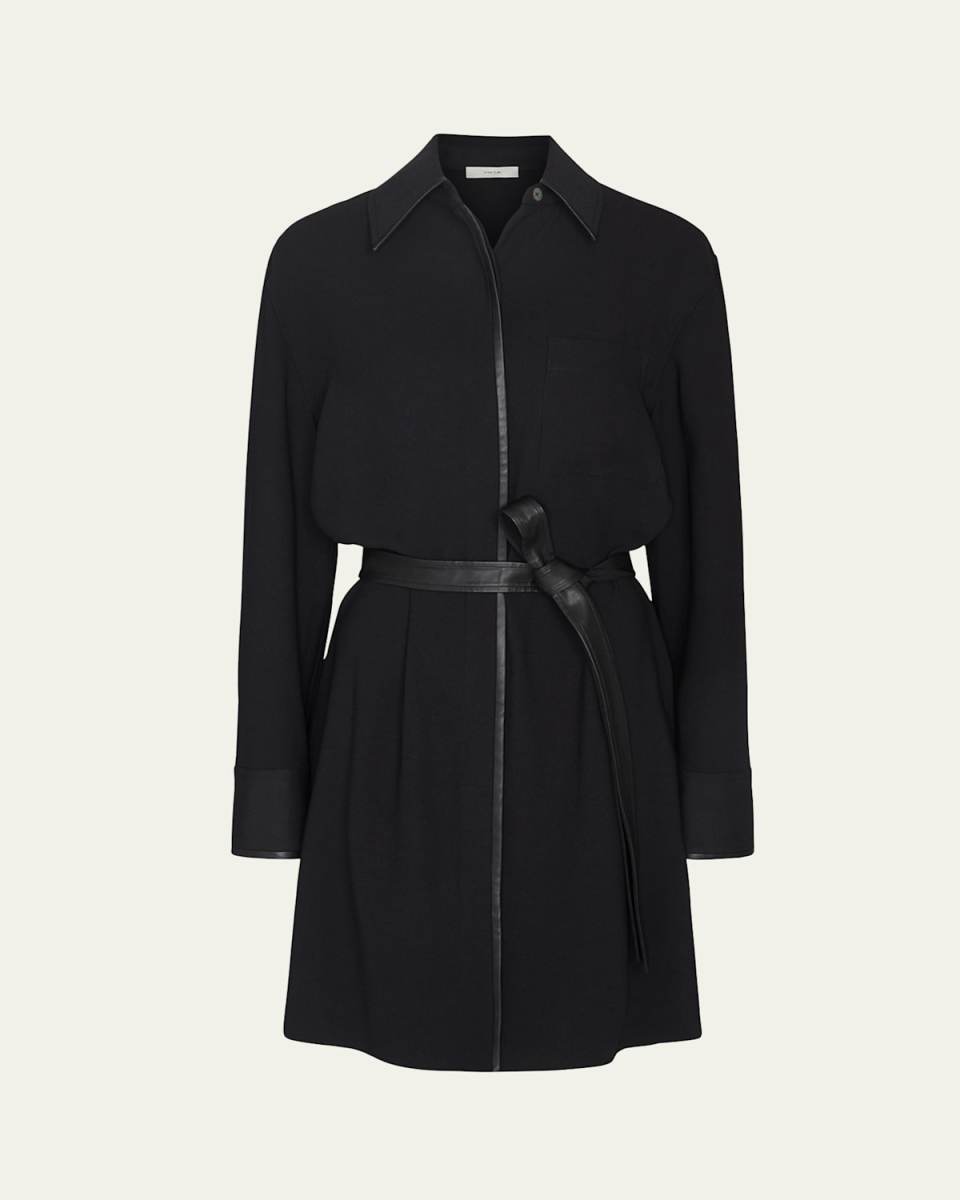Leather-Trim Belted Knee-Length Shirtdress